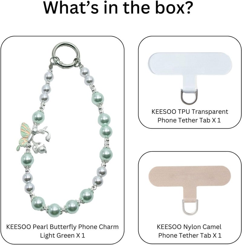 KEESOO Store Korean-Style Pearl Butterfly Phone Charm - Luxe Hands-Free Elegance, Universally Compatible with iPhone & Android, Radiating Timeless Charm, Light Green - Image 2